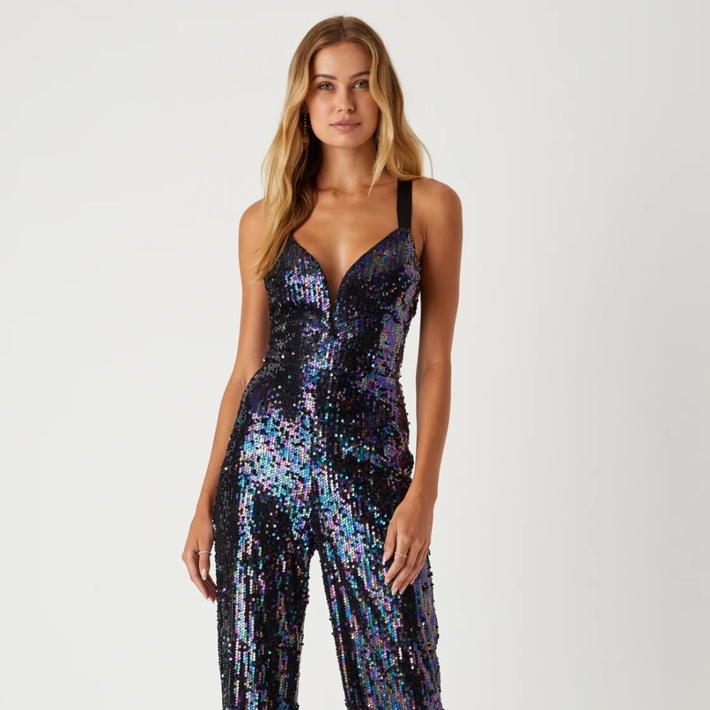 Lulus Eye-Catching Diva Black Iridescent Sequin Lace-Up Jumpsuit - New in bag  S